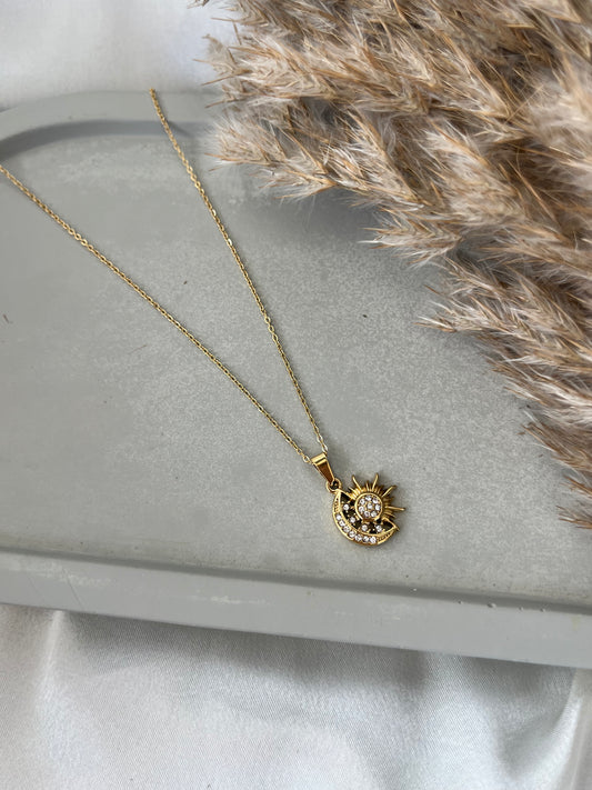 Κολιέ Ατσάλινο Αλυσίδα Ήλιος-Φεγγάρι με Ζιργκόν 'Twillight'