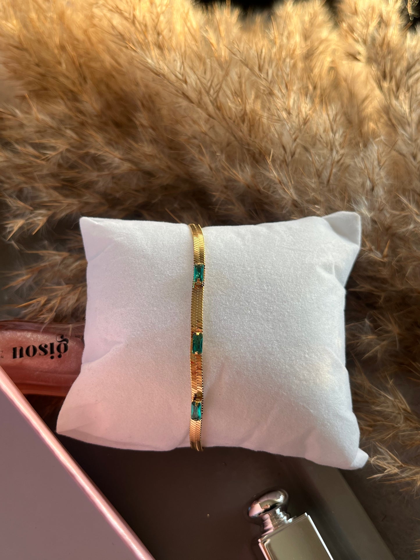 Βραχιόλι Ατσάλινο Αλυσίδα Φίδι με Σμαραγδί Πέτρες 'Mesh'