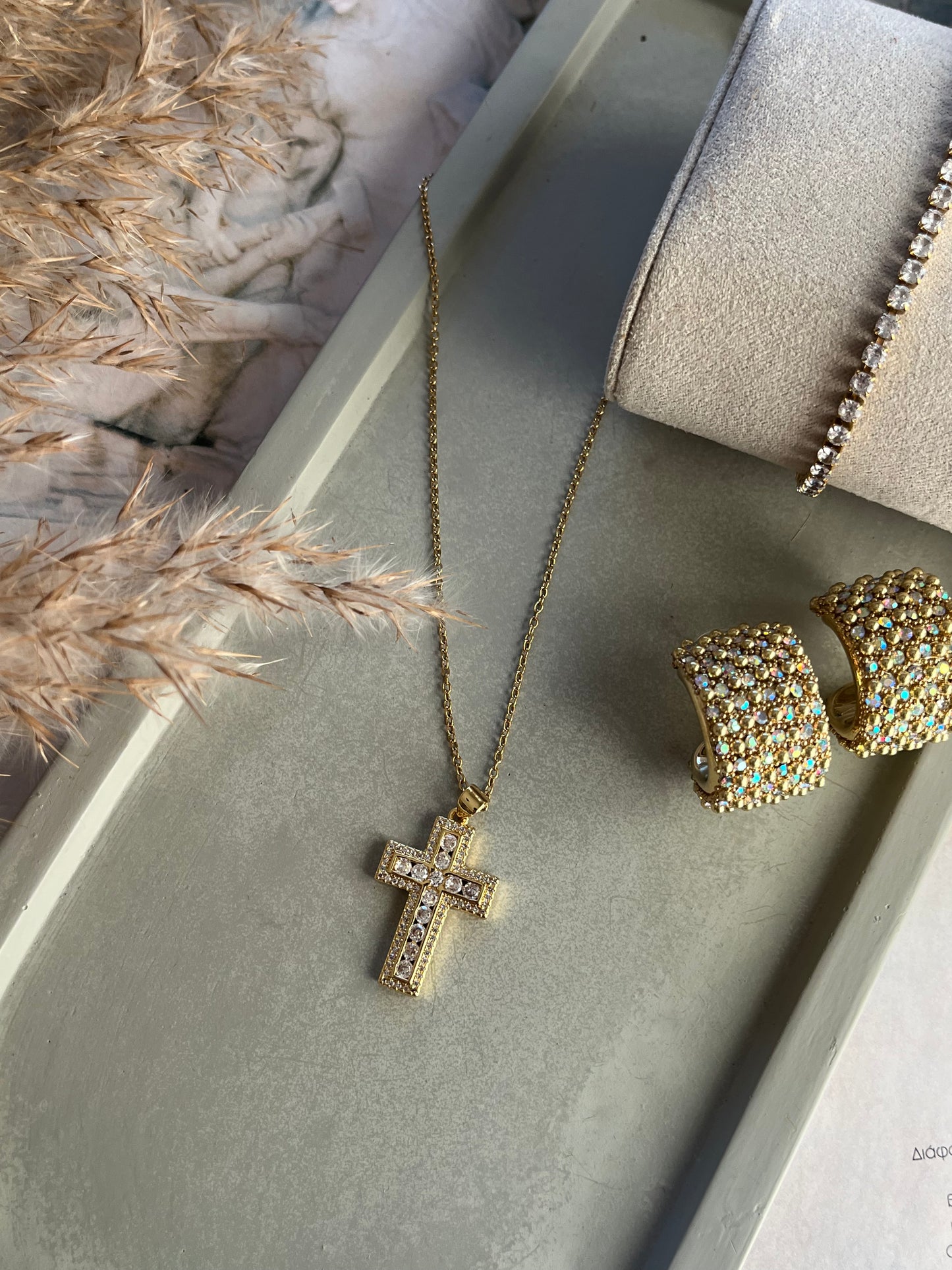 Κολιέ Ατσάλινο Αλυσίδα Σταυρός με Ζιργκόν 'Heavenly Glow'