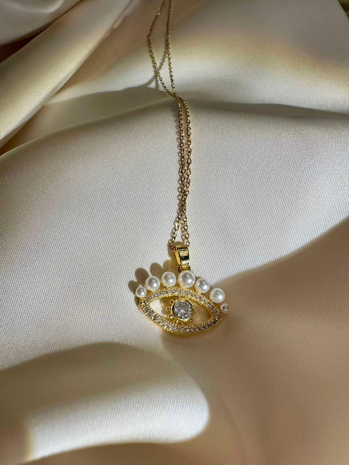 EYE CHARM – Stainless Steel Necklace with Eye, Zircon & Pearls