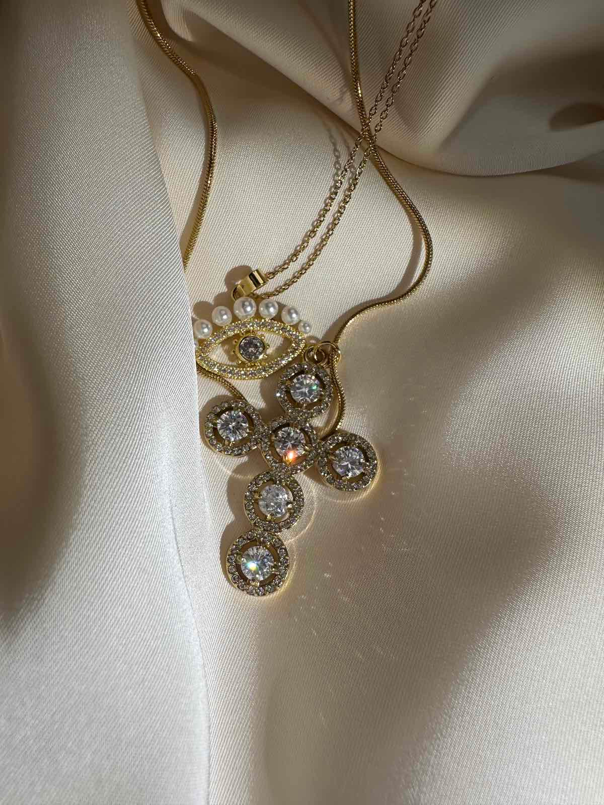 EYE CHARM – Stainless Steel Necklace with Eye, Zircon & Pearls