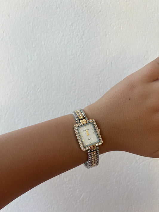 Ρολόι Ατσάλινο με Τετράγωνο Άσπρο Καντράν και Ζιργκόν 'Rosalin'