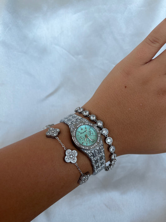 Ατσάλινο Ρολόι με Στρόγγυλο Τιρκουάζ Καντράν και Ζιργκόν'Peligrosa'