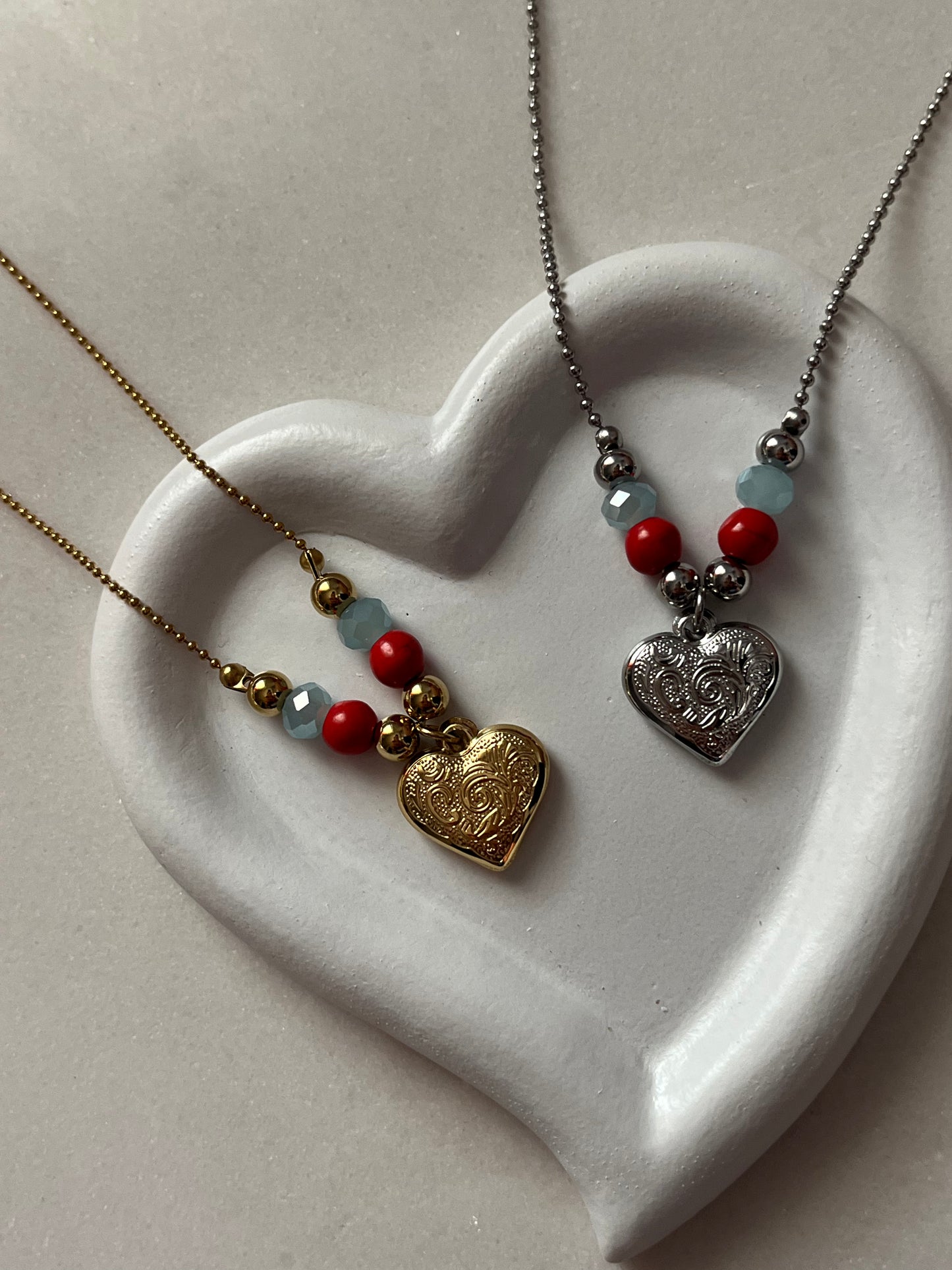 Steel Necklace 'Heart' Chain with Beads