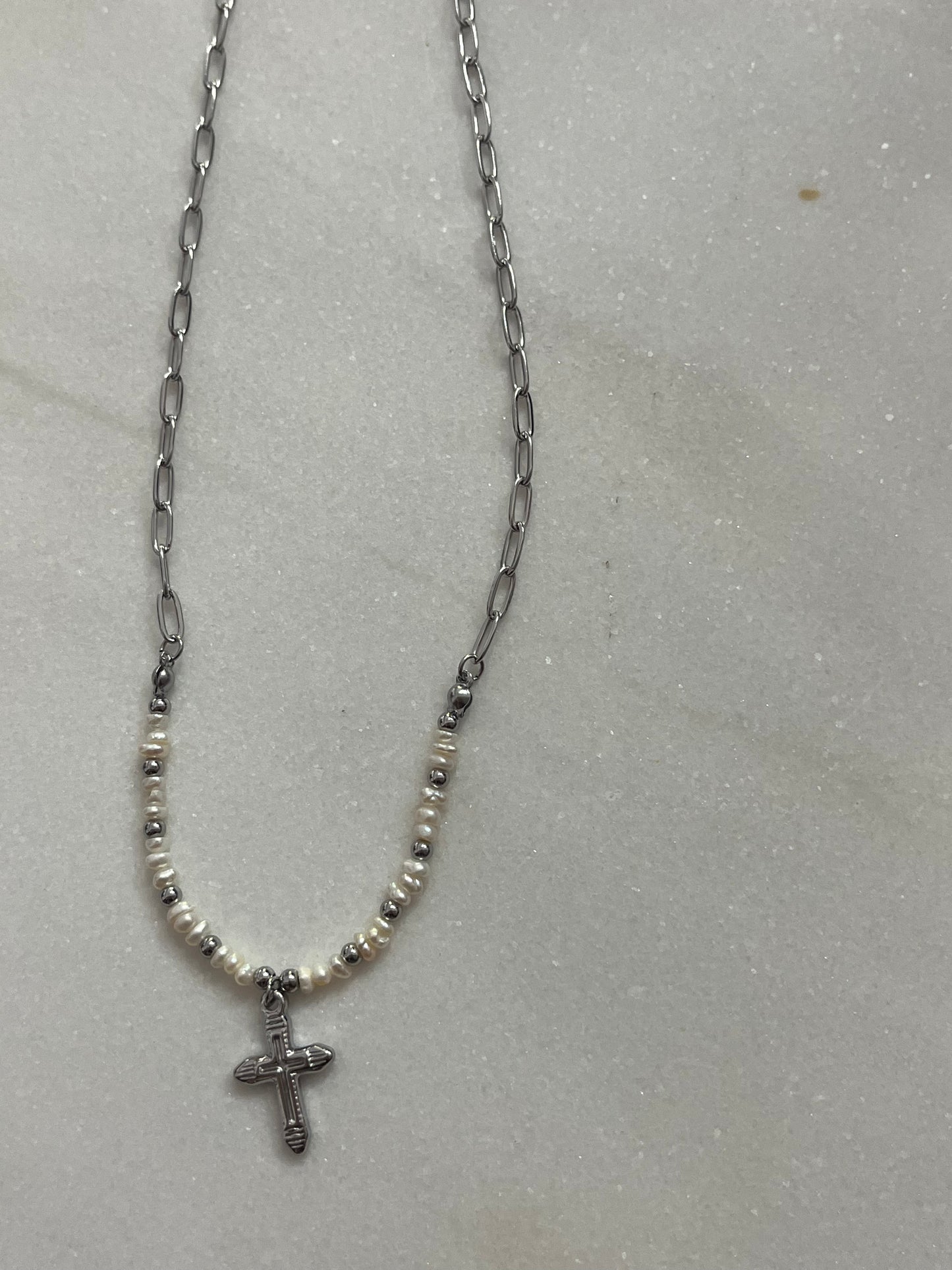 Steel 'Cross' Chain Necklace with Pearls