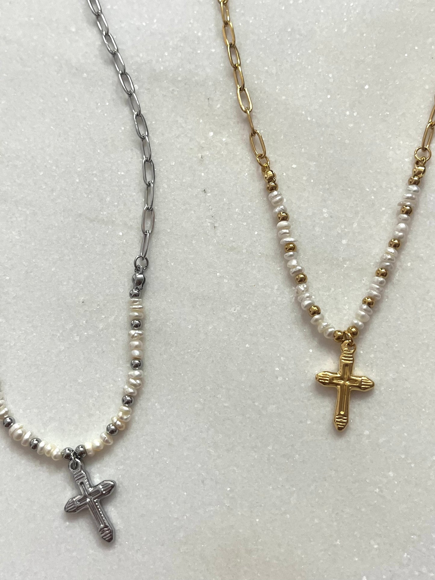 Steel 'Cross' Chain Necklace with Pearls