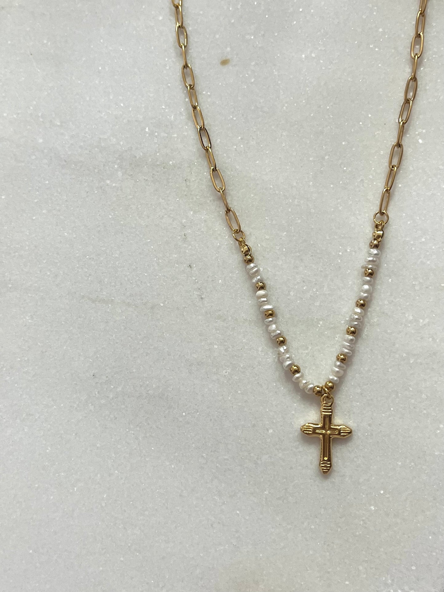 Steel 'Cross' Chain Necklace with Pearls