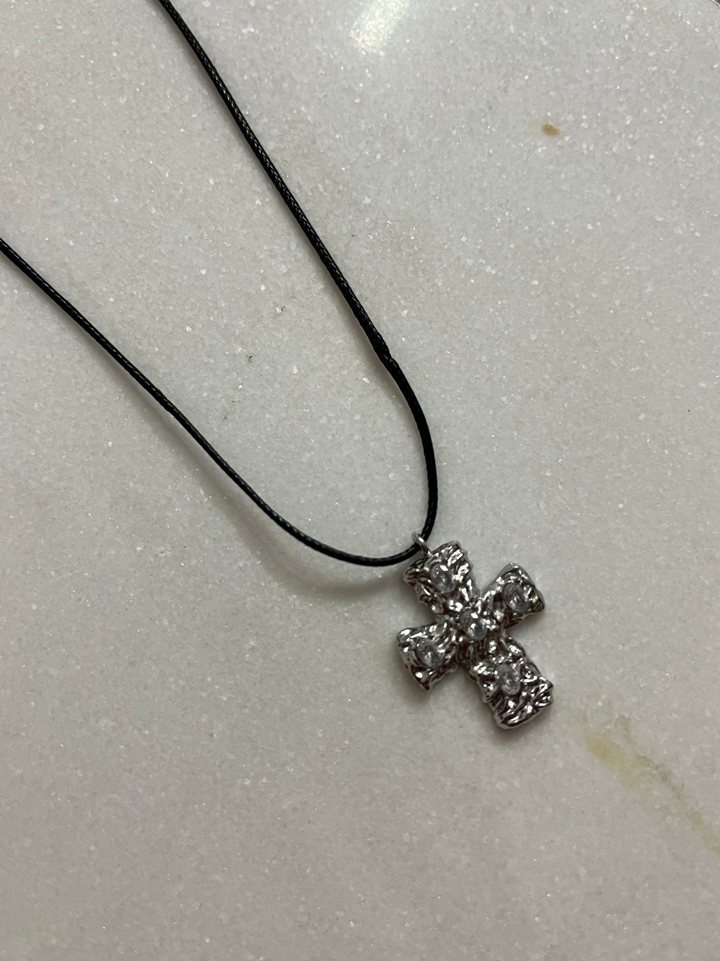 Steel Cross Necklace with Cord and Zirconia