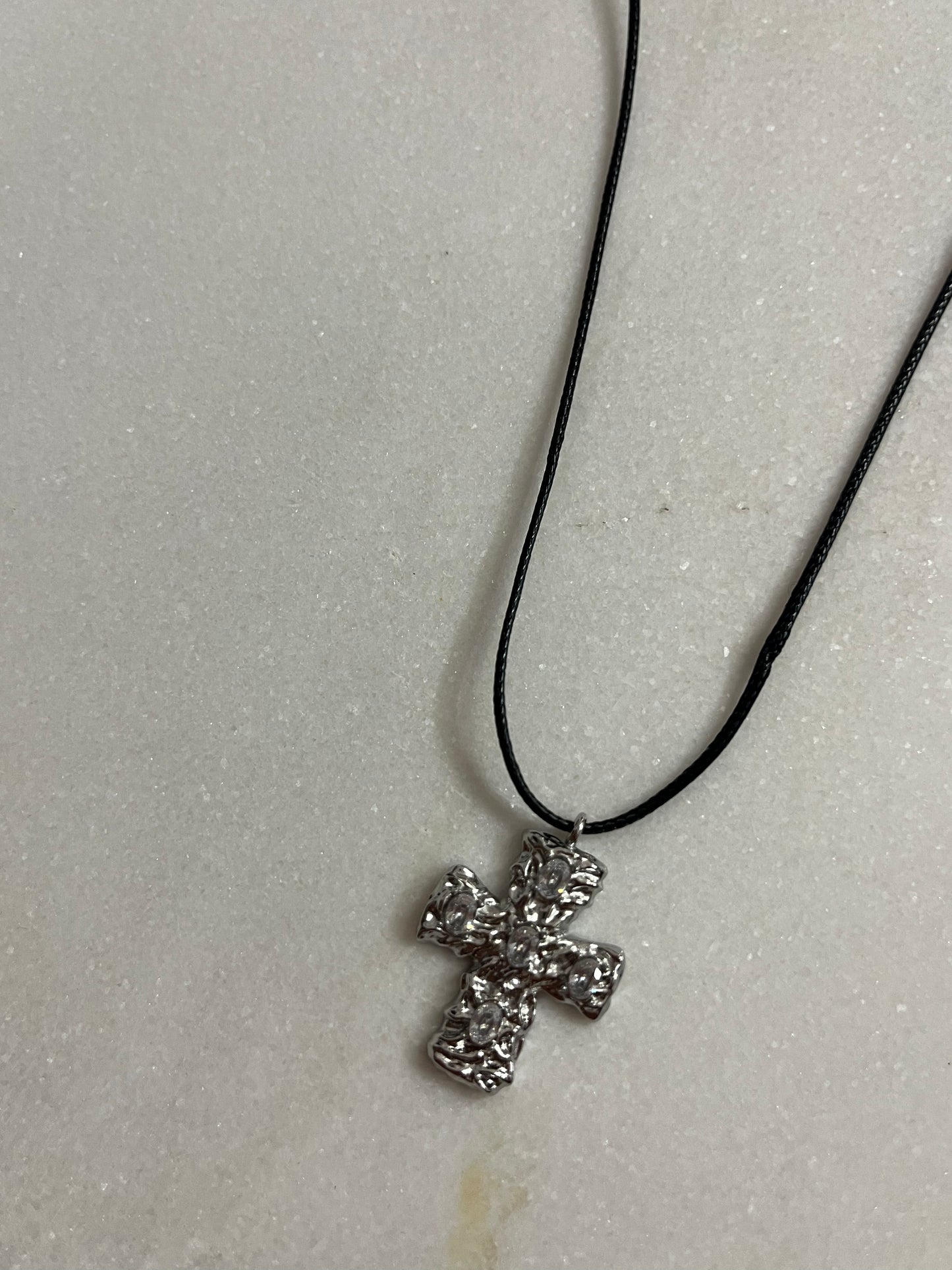 Steel Cross Necklace with Cord and Zirconia