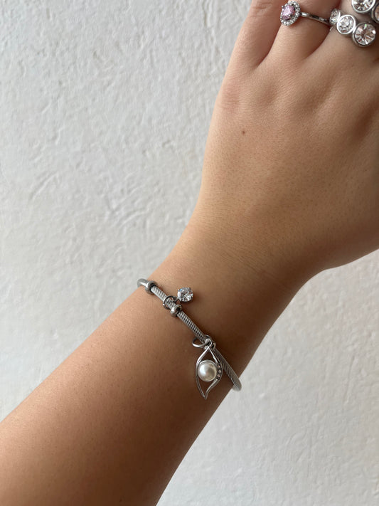 Βραχιόλι Ατσάλινο Ματάκι με Πέρλα και Ζιργκόν 'Pearl Eye'