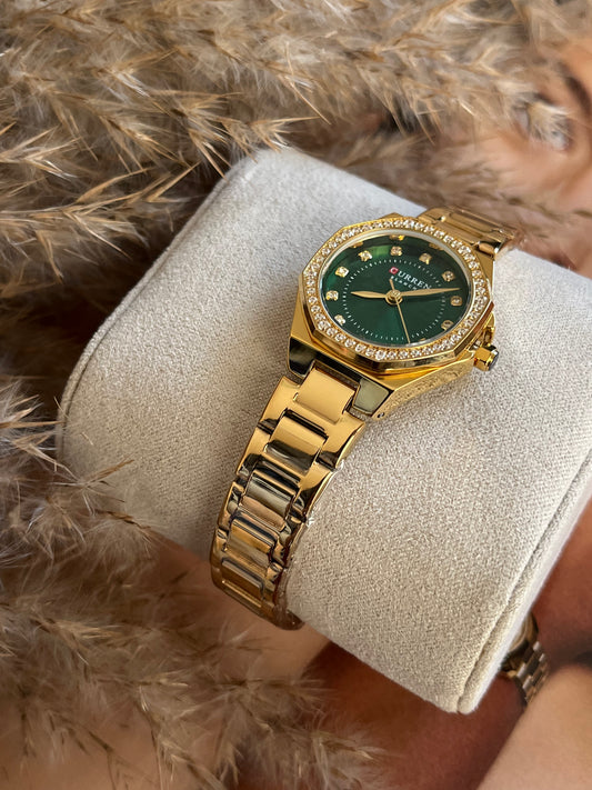 Γυναικείο Αδιάβροχο Ρολόι Ανοξείδωτο Ατσάλι με Πράσινο Καντράν & Κρύσταλλα 'Elite'