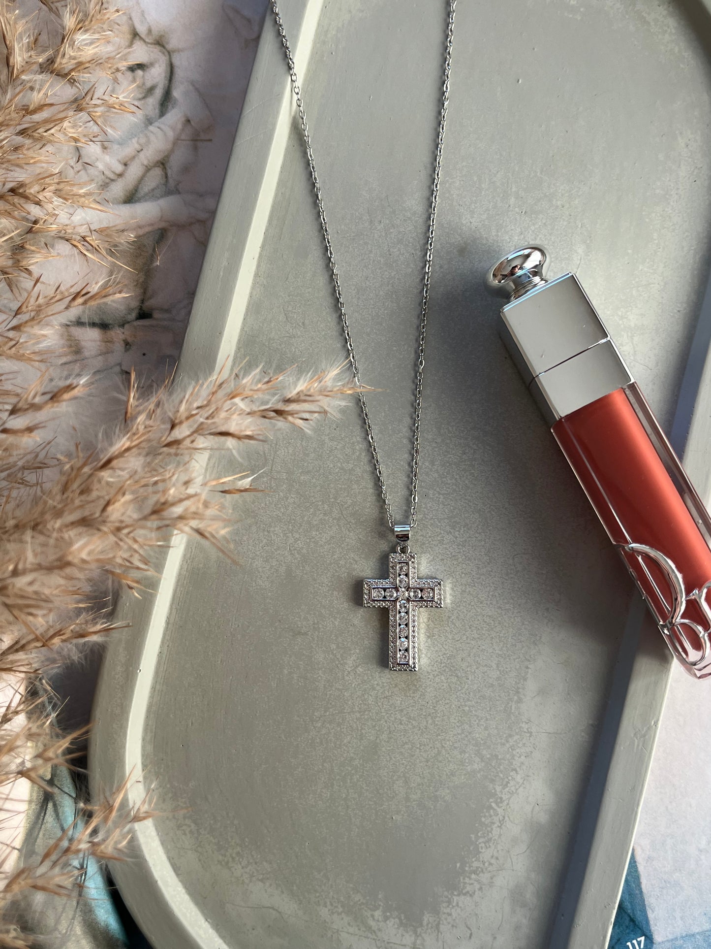 Κολιέ Ατσάλινο Αλυσίδα Σταυρός με Ζιργκόν 'Heavenly Glow'