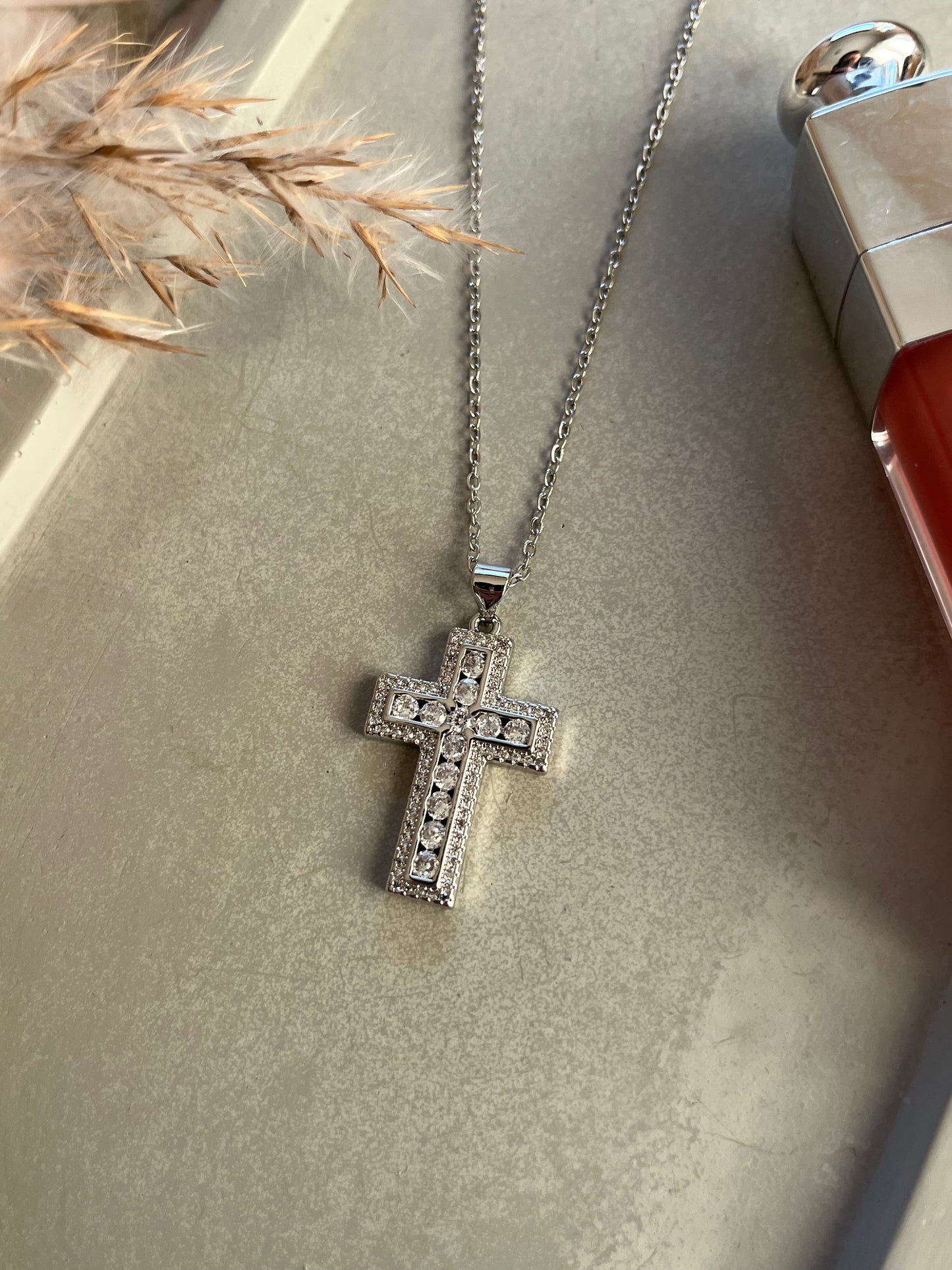 Κολιέ Ατσάλινο Αλυσίδα Σταυρός με Ζιργκόν 'Heavenly Glow'