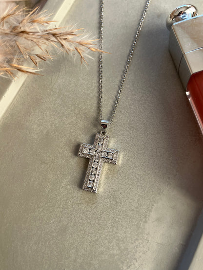 Κολιέ Ατσάλινο Αλυσίδα Σταυρός με Ζιργκόν 'Heavenly Glow'