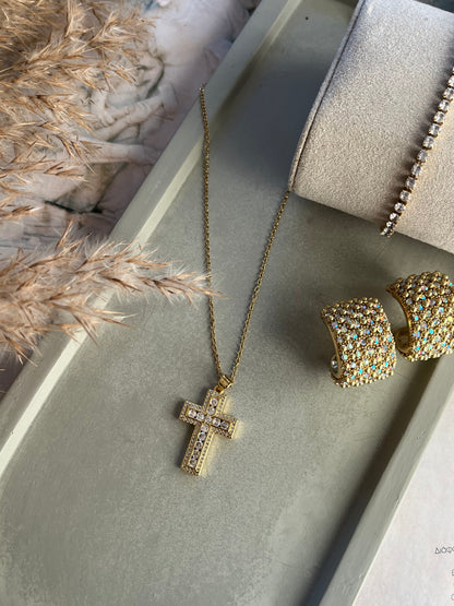 Κολιέ Ατσάλινο Αλυσίδα Σταυρός με Ζιργκόν 'Heavenly Glow'