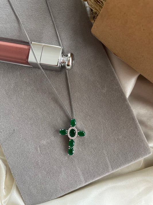 Κολιέ Ατσάλινο Αλυσίδα Σταυρός με Zircon 'Esmeralda'